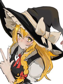 1girl blonde_hair bow braid braided_sidelock crossed_bangs hashtag-only_commentary hat hat_bow highres kirisame_marisa long_hair looking_at_viewer puffy_short_sleeves puffy_sleeves short_sleeves simple_background solo touhou upper_body uzuk1_03 v white_background white_bow witch_hat yellow_eyes