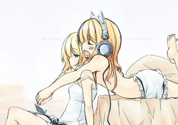 2girls alice_margatroid animal_ear_headphones animal_ears arm_support arms_around_neck audio-technica bare_shoulders barefoot bed blonde_hair blue_eyes blush camisole cat_ear_headphones cat_ears chemise closed_eyes fake_animal_ears female_focus flat_chest from_behind hands_together happy headphones headphones_removed hug hug_from_behind kirisame_marisa leg_lift leg_up legs long_hair lying multiple_girls on_floor on_stomach open_mouth pillow reference_work sakuraba_yuuki short_hair shorts sitting sleepy smile strap_slip topless_female touhou yawning yuri