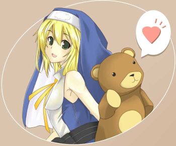 1boy :d arm_up bare_arms bare_shoulders blonde_hair blue_veil blue_vest border bridget_(guilty_gear) brown_background commentary drop_shadow green_eyes guilty_gear guilty_gear_xx guimpe hair_between_eyes heart inset_border looking_at_viewer male_focus medium_hair neck_ribbon notice_lines nun object_belt open_mouth oversized_object ribbon roger_(guilty_gear) round_border shirt sleeveless sleeveless_shirt smile spoken_heart stuffed_animal stuffed_toy teddy_bear trap two-sided_veil upper_body veil vest white_shirt yatsuhashi_(tyatsuhashi) yellow_ribbon