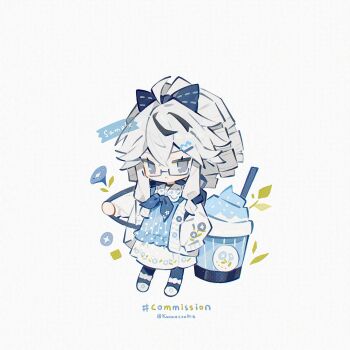 1girl :&lt; ahoge ball_hands blue_bow blue_neckerchief blue_pantyhose blue_shirt bow cardigan chibi chibi_only closed_mouth commission crossed_bangs double-parted_bangs full_body grey_eyes hair_between_eyes hair_bow highres kanae_(cookie) long_hair long_sleeves looking_at_viewer neckerchief open_cardigan open_clothes original pantyhose shirt shoes simple_background skirt solo standing twitter_username white_background white_cardigan white_hair white_shoes white_skirt