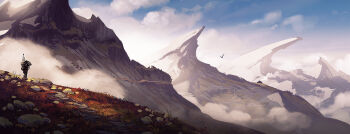 1other absurdres blue_sky cloud commentary english_commentary grass highres hill landscape lorenzo_lanfranconi mountain mountainous_horizon original painterly rock scenery sky spacesuit standing