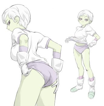 1girl absurdres boots cheelai colored_skin dragon_ball dragon_ball_super gloves green_skin gym_uniform hahihuheguy highres pulling_at_clothes purple_eyes shirt short_hair underwear white_hair