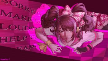 1girl black_gloves black_thighhighs bloodlust_76 bow brown_eyes brown_hair fingerless_gloves gloves headphones highres idol kujikawa_rise long_hair looking_at_viewer midriff official_alternate_costume persona persona_4 persona_4:_dancing_all_night persona_dancing pink_bow single_glove skirt text_background thighhighs twintails