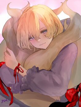 absurdres alternate_costume blonde_hair eneshi fox_tail gap_(touhou) gradient_background hair_between_eyes highres hugging_tail light_smile long_hair long_sleeves looking_at_viewer multiple_tails nightgown purple_eyes purple_nightgown ribbon signature string string_of_fate tail touhou yakumo_ran yakumo_yukari