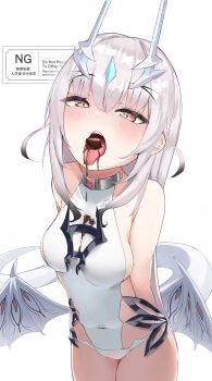 Rule 34 | 1girl, absurdres, arms behind back, bare shoulders, blush, breasts, chocolate, covered navel, dragon tail, dragon wings, fate/grand order, fate (series), food in mouth, forked eyebrows, highres, horns, long hair, looking at viewer, melusine (fate), melusine (swimsuit ruler) (fate), melusine (swimsuit ruler) (second ascension) (fate), one-piece swimsuit, open mouth, sidelocks, small breasts, solo, swimsuit, tail, thighs, tongue, tongue out, tutuuraura88, white hair, white one-piece swimsuit, wings, yellow eyes