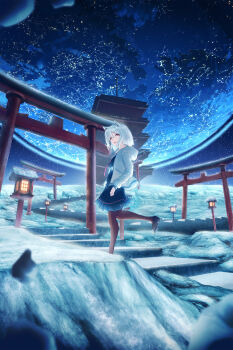 1girl absurdres animal_ears black_pantyhose black_serafuku black_shirt black_shoes black_skirt blue_hair earth_(planet) fantasy hair_between_eyes highres hood hoodie hoshino_mizuki_(hoshino_263f) ice lantern long_sleeves medium_hair moon open_mouth original pantyhose planet red_eyes scenery school_uniform serafuku shirt shoes skirt smile solo space stairs standing star_(sky) star_(symbol) temple torii white_hoodie