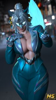 1girl 3d absurdres aqua_jacket aqua_pants artist_name blurry blurry_background breasts cleavage commentary depth_of_field grey_hair hagiwara_studio highres jacket large_breasts looking_at_viewer marvel marvel_rivals open_clothes open_jacket pants solo untranslatable_commentary white_fox_(marvel)