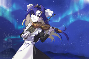 1girl apron aurora black_dress black_hairband blonde_hair blue_eyes blue_hair blue_sky bow_(music) closed_mouth colored_inner_hair dress hair_intakes hair_ornament hairband hands_up highres holding holding_bow_(music) holding_instrument holding_violin instrument juliet_sleeves long_hair long_sleeves looking_at_viewer melong6cha multicolored_hair music night night_sky outdoors playing_instrument puffy_sleeves reverse:1999 school_uniform sky smile solo soviet_school_uniform star_(sky) star_(symbol) star_hair_ornament starry_sky upper_body violin voyager_(reverse:1999) watermark white_apron