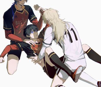 Rule 34 | 3boys, absurdres, bastard munchen soccer uniform, black shorts, black socks, blonde hair, blue hair, blue lock, commentary, dual persona, full body, highres, holding another's wrist, isagi yoichi, kneehighs, lifting another's clothes, long hair, male focus, michael kaiser, multiple boys, pcal pcal, short hair, short hair with long locks, shorts, simple background, socks, white background, yaoi