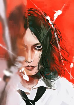 1boy 333takoyaki absurdres bags_under_eyes black_eyes black_hair black_necktie closed_mouth collared_shirt commentary_request face_piercing highres iris_out_(song) lips looking_at_viewer male_focus necktie nose_piercing piercing real_life realistic red_background shirt simple_background solo upper_body white_shirt yonezu_kenshi_(person)