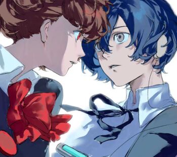 1boy 1girl black_jacket black_ribbon blazer blue_hair bow brown_eyes brown_hair collared_shirt commentary_request gekkoukan_high_school_uniform hair_between_eyes headphones highres jacket looking_at_another moskk884006 neck_ribbon open_clothes open_shirt parted_bangs persona persona_3 persona_3_portable red_eyes red_ribbon ribbon school_uniform shiomi_kotone shirt short_hair simple_background white_background white_shirt wing_collar yuuki_makoto_(persona_3)