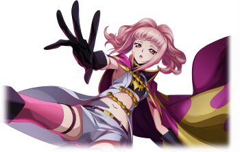 1girl anya_alstreim arm_tattoo artist_request belt black_boots black_gloves black_shirt boots cape coat code_geass code_geass:_lost_stories crop_top cropped_legs falling female_focus flat_chest game_cg gloves highres knee_boots military_uniform navel non-web_source official_art open_mouth outstretched_arm pink_hair pink_thighhighs purple_cape reaching reaching_towards_viewer red_eyes shirt short_hair short_shorts shorts sidelocks simple_background skindentation sleeveless sleeveless_coat sleeveless_shirt solo spread_fingers spread_legs stomach tattoo thigh_strap thighhighs thighs transparent_background white_coat white_shorts