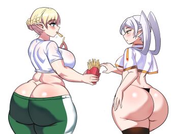 2girls ass ass_focus blonde_hair blue_eyes blush breasts butt_crack cowboy_shot crop_top eating elf-san_wa_yaserarenai. elfuda_(elf-san_wa_yaserarenai.) frieren french_fries hair_bun highres huge_ass large_breasts multiple_girls pants pointy_ears shirt short_hair short_sleeves sideboob simple_background sousou_no_frieren standing sweatpants thick_thighs thighhighs thighs thong twintails white_background white_hair white_shirt ytrall