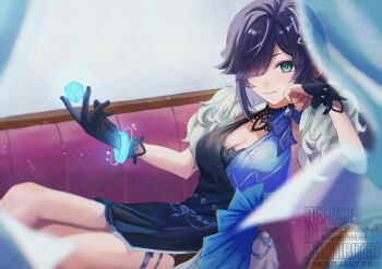 1girl black_dress black_gloves black_hair black_wrist_cuffs blue_dress blurry blurry_foreground breasts cleavage closed_mouth cocktail_dress couch dice dress eyebrows_hidden_by_hair genshin_impact gloves green_eyes hair_over_one_eye highres holding holding_dice medium_breasts moika on_couch short_dress short_hair single_glove sleeveless sleeveless_dress smile solo thigh_strap two-tone_dress watermark wrist_cuffs yelan_(genshin_impact) yelan_(tranquil_banquet)_(genshin_impact)