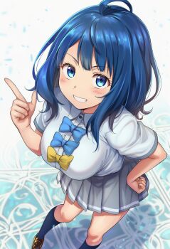 Rule 34 | ahoge, arm up, blue bow, blue eyes, blue hair, blush, bow, breasts, collared shirt, commentary request, grey skirt, highres, kneehighs, large breasts, loafers, looking at viewer, make heroine ga oo sugiru!, medium hair, okasa re taii, partial commentary, pleated skirt, school uniform, shirt, shoes, skirt, socks, teeth, thighs, white shirt, yanami anna, yellow bow