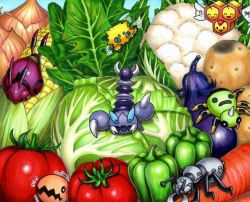+_+ ^_^ ant bug carrot cauliflower closed_eyes combee commentary_request corn durant eggplant flying flying_sweatdrops food gen_2_pokemon gen_3_pokemon gen_4_pokemon gen_5_pokemon insect itou_masanori joltik lettuce motion_blur nintendo no_humans onion open_mouth pokemon pokemon_(creature) skorupi smile spider spinarak tomato trapinch vegetable venipede