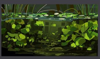 border commentary day english_commentary grey_border junbuug lily_pad nature no_humans original outdoors painterly partially_underwater_shot pond reeds scenery