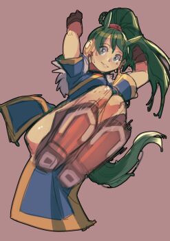 1girl absurdres animal_ears blue_dress breasts brown_background charmwitch commentary dress drop_kick english_commentary fire_emblem fire_emblem_shadows flying_kick gold_ship_(umamusume) green_eyes green_hair highres horse_ears horse_girl horse_tail incoming_kick kicking long_hair looking_at_viewer lyn_(fire_emblem) lyn_(plains_wind)_(fire_emblem) medium_breasts nintendo ponytail short_sleeves simple_background sketch smile solo tail thighs umamusume very_long_hair