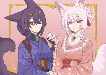2girls animal_ears assault_lily black_gloves blue_flower blue_kimono border braid breasts brooch closed_mouth commentary corset fingerless_gloves floral_print flower fox_ears fox_girl fox_tail frilled_gloves frilled_shirt_collar frilled_sleeves frills funada_kiito funada_ui fur-trimmed_kimono fur_trim gatti_love gloves green_eyes hair_between_eyes hair_bun hair_flower hair_ornament hair_ribbon hands_up highres holding_hands inset_border interlocked_fingers japanese_clothes jewelry kemonomimi_mode kimono long_sleeves looking_at_viewer medium_breasts mole mole_under_eye mole_under_mouth multiple_girls no_pupils obi obijime official_alternate_costume official_alternate_hairstyle ornate_border outside_border pink_background pink_eyes print_kimono purple_hair red_ribbon ribbon sash short_hair siblings side-by-side side_braid single_braid single_hair_bun sisters symbol-only_commentary tail underbust upper_body v-shaped_eyebrows white_gloves white_hair white_ribbon