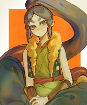 121111yu 1boy absurdres brown_hair colored_sclera eyeshadow highres japanese_clothes long_hair looking_at_viewer makeup oogama_(youkai_watch) orange_eyes ponytail purple_eyeshadow sitting solo yellow_sclera youkai_(youkai_watch) youkai_watch