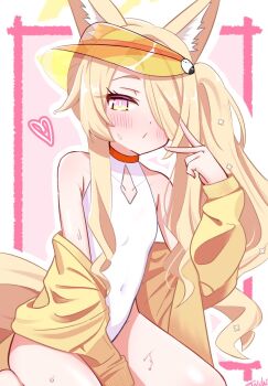 1girl animal_ears blonde_hair blue_archive blush breasts commentary_request fox_ears fox_girl fox_tail hair_over_one_eye heart long_hair looking_at_viewer official_alternate_costume one-piece_swimsuit seia_(blue_archive) seia_(swimsuit)_(blue_archive) side_ponytail small_breasts swimsuit taichi_(taichi_bookcafe) tail v very_long_hair visor_cap white_one-piece_swimsuit yellow_eyes