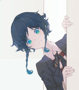 1boy alternate_costume ayanon_ite black_hair blue_hair braid closed_mouth genshin_impact gradient_hair green_eyes highres long_sleeves male_focus multicolored_hair short_hair_with_long_locks solo twin_braids upper_body venti_(genshin_impact)