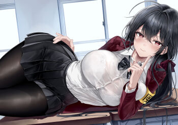 1girl absurdres ahoge armband azur_lane black_bow black_hair black_pantyhose black_skirt blush bow bra_visible_through_clothes breasts buttons closed_mouth collared_shirt commentary crossed_bangs desk hair_between_eyes hair_intakes hand_on_own_hip hand_up highres index_finger_raised indoors jacket large_breasts long_hair long_sleeves looking_at_viewer lying miniskirt official_alternate_costume on_desk on_side pantyhose pleated_skirt red_eyes red_jacket school_desk see-through_clothes see-through_shirt shirt shirt_tucked_in sidelocks sitting skirt smile solo sweat taihou_(azur_lane) taihou_(sweet_time_after_school)_(azur_lane) thighs very_long_hair white_shirt window ya_ta yellow_armband