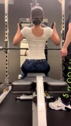 1girl animated asian ass ass_focus black_hair butt_crack curvy exercising gym_uniform highres huge_ass japanese_(nationality) long_hair mirror_image pants photo_(medium) ponytail real_life ririkana simple_background skin_tight skindentation solo sound squatting tagme thigh_gap training video weights wide_hips yoga_pants