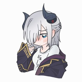 1girl assault_lily black_horns blue_eyes blue_jacket blush borrowed_clothes breasts closed_mouth clothes_writing commentary_request cropped_torso demon_horns ear_blush grey_background grey_hair hair_over_one_eye half_updo hand_up highres horns implied_yuri jacket kasa_(kasa_mayulove) long_sleeves looking_at_hand looking_at_self medium_breasts medium_hair nose_blush off_shoulder one_eye_covered open_clothes open_jacket raised_eyebrows sekino_youko shirt simple_background sleeves_past_wrists solo upper_body white_shirt