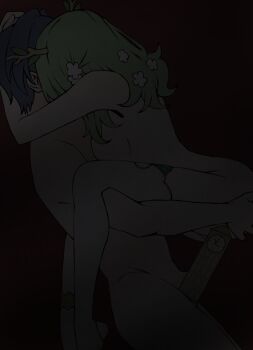 1girl blue_hair braid braided_bangs branch censored ceres_fauna clock clock_tower flower genderswap genderswap_(ftm) green_hair hair_flower hair_ornament highres hikigaya_0926 hololive hololive_english long_hair multicolored_hair novelty_censor nude ouro_kronii ouro_krono short_hair single_braid suspended_congress thighhighs tower virtual_youtuber