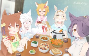 5girls absurdres animal_ears artist_name commentary eating english_commentary food fox_ears fox_girl highres kitsune maid multiple_girls oguri_cap_(umamusume) rice_cooker self-upload senko_(sewayaki_kitsune_no_senko-san) sewayaki_kitsune_no_senko-san shiro_(sewayaki_kitsune_no_senko-san) sizuimikoto smile tail umamusume