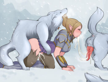 1girl afrobull after_fellatio aftersex all_fours animal_penis armor bestiality boots braid breasts brown_hair closed_eyes clothed_sex cum cum_in_mouth cum_overflow cum_string dog_penis doggystyle eyebrows from_side grabbing_another's_hair holding_another's_hair knee_boots large_breasts legs_apart long_hair open_mouth original outdoors penis pointy_ears sex sex_from_behind single_braid spitroast testicles tongue tongue_out torn_clothes torn_legwear wolf