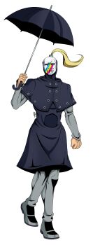 1boy absurdres black_capelet black_coat blackmore blonde_hair blue_umbrella capelet catch_the_rainbow coat commentary english_commentary grey_pants grey_shirt hand_up high_ponytail highres holding holding_umbrella hood hood_up jojo_no_kimyou_na_bouken long_coat long_sleeves male_focus official_style pants ponytail rainbow_print raincoat shirt simple_background solo stand_(jojo) steel_ball_run therealartoside umbrella white_background white_mask