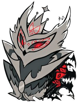 1boy black_cloak black_sclera cloak colored_sclera crown demon_boy furry furry_male gold_crown hellaverse helluva_boss magoetoile owl_boy paimon_(helluva_boss) red_eyes solo