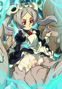 1girl 3boys apron bloody_marie_(skullgirls) bone censored double_handjob gangbang grey_hair group_sex hair_ornament handjob hetero highres jcm2 juliet_sleeves long_sleeves maid maid_apron maid_headdress mmmf_foursome multiple_boys pantyhose puffy_sleeves red_eyes ribs sex skull_hair_ornament skullgirls torn_clothes torn_pantyhose twintails vaginal white_pantyhose