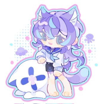 1boy animal_ears black_shorts blue_hair blue_sailor_collar cat_boy cat_ears cat_tail colored_tips commentary green_eyes highres horizontal_pupils hoshirube_sho kemonomimi_mode long_hair long_sleeves male_focus multicolored_hair nijisanji octopus open_mouth otomo_(hoshirube_sho) purple_hair sailor_collar shirt shorts shuxingbuming_moxiaobai simple_background smile solo tail white_background white_shirt