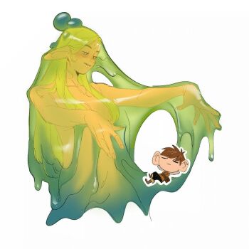 1boy 1girl aatom87 blonde_hair breasts brown_hair chibi chilchuck_tims commentary dungeon_meshi english_commentary green_eyes hair_censor hair_over_breasts half-closed_eyes long_hair marcille_donato medium_breasts nude pointy_ears sleeping slime_(substance)