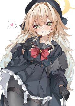 1girl beret black_coat black_dress black_gloves black_hat black_pantyhose black_sailor_collar blonde_hair blue_archive bow bowtie breasts cane coat commentary_request dress gloves green_eyes grin halo hat heart highres long_hair long_sleeves looking_at_viewer mutou_mame pantyhose professor_niyaniya_(blue_archive) sailor_collar small_breasts smile solo thighs
