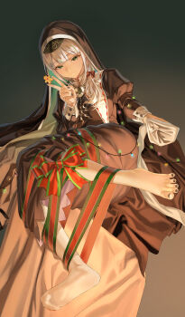 1girl absurdres barefoot candy candy_cane christmas feet food gingerbread_man green_eyes highres long_hair looking_at_viewer nun simple_background smile socks soles thighhighs toes unworn_socks v white_hair white_thighhighs xo_(xo17800108)