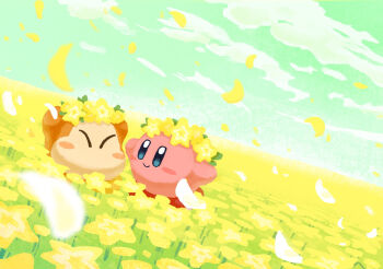 Rule 34 | aruco co, blue eyes, blush stickers, closed eyes, closed mouth, cloud, commentary request, day, field, flower, flower field, green sky, head wreath, highres, kirby, kirby (series), nintendo, no humans, outdoors, petals, sky, smile, waddle dee, yellow flower
