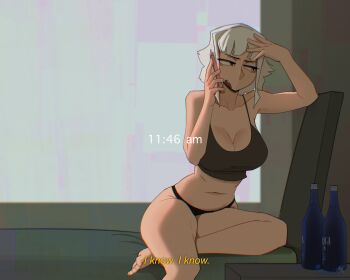 1girl ashton_hall's_morning_routine_(meme) black_panties bottle breasts cellphone cleavage crop_top english_text grawlix_(shibansfw) grey_eyes grey_hair grey_tank_top hand_on_own_head highres holding holding_phone indoors large_breasts looking_to_the_side meme open_mouth original panties phone saratoga_spring_water shibansfw short_hair sitting smartphone solo talking talking_on_phone tank_top timestamp underwear water_bottle