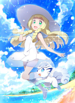 1girl :d akata_itsuki alolan_form alolan_vulpix beach blonde_hair blue_ribbon blue_shoes blunt_bangs blurry braid collared_dress day depth_of_field dress full_body gen_7_pokemon green_eyes hand_on_headwear hat hat_ribbon highres jumping kneehighs light_particles lillie_(pokemon) long_hair looking_at_viewer nintendo ocean open_mouth outdoors palm_tree pokemon pokemon_(anime) pokemon_(creature) pokemon_sun_and_moon pokemon_the_series:_sun_&amp;_moon ribbon shoes sleeveless sleeveless_dress smile socks splashing sun_hat sundress tree twin_braids water white_dress white_hat white_socks