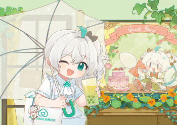 Rule 34 | 1girl, ahoge, bag, blue eyes, bow, bubble tea, cake, candy, chibi, commentary request, cup, doll, dress, drinking straw, english text, flower, food, green eyes, green hair, highres, holding, holding cup, holding umbrella, leaf, long hair, looking at viewer, milk tea, multiple girls, one eye closed, open mouth, quanmian shidai, short sleeves, side ponytail, smile, spoon, tropaeolum, umbrella, wen xiaomian, wenxiaomian family, white dress, white hair