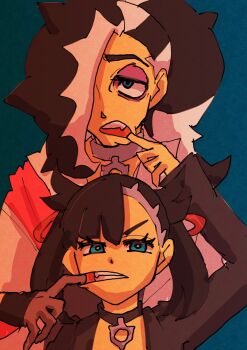 1boy 1girl asymmetrical_bangs black_hair black_jacket blue_background brother_and_sister crescendeon eyeshadow finger_in_another's_mouth hair_over_one_eye highres jacket looking_at_viewer makeup marnie_(pokemon) multicolored_hair nintendo pendant_choker piers_(pokemon) pokemon pokemon_swsh purple_eyeshadow siblings teeth two-tone_hair white_hair