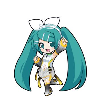 1girl :d aqua_hair arm_up black_outline blush chibi chibi_only clenched_hands clothing_cutout cosplay detached_sleeves full_body game_asset grey_leg_warmers grey_shorts grey_sleeves hair_ornament hairclip hand_up hatsune_miku hatsune_miku_graphy_collection headphones kagamine_rin kagamine_rin_(append) kagamine_rin_(append)_(cosplay) leg_warmers looking_at_viewer navel navel_cutout open_mouth outline parallel_hairclips puffy_shorts ribbed_shirt see-through_bow see-through_clothes see-through_sleeves shirt shoes shorts sleeveless sleeveless_shirt smile solo standing standing_on_one_leg transparent_background treble_clef vocaloid vocaloid_append white_shirt white_shoes yellow_nails