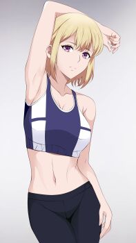 1girl absurdres arm_behind_head armpits black_leggings blonde_hair breasts cha_hae-in expressionless feet_out_of_frame groin hair_between_eyes hand_on_own_leg highres kiniro_tofu large_breasts leaning_to_the_side leggings looking_at_viewer navel purple_eyes short_hair simple_background solo solo_leveling sports_bra stomach