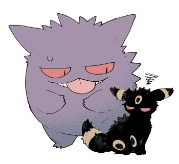 :3 :p annoyed black_fur facial_mark forehead_mark gen_1_pokemon gen_2_pokemon gengar ghost highres looking_at_another newo_(shinra-p) nintendo no_humans pokemon pokemon_(creature) pokemon_focus red_eyes simple_background sitting standing sweatdrop tongue tongue_out umbreon yellow_fur