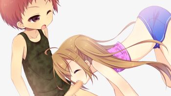 1boy 1girl ^_^ ahoge aoi_aruma bent_over blue_shorts blush breasts brown_hair censored closed_eyes collarbone cowboy_shot fellatio from_side game_cg green_tank_top grey_background hair_between_eyes hair_ornament hairclip izuno_shiun_(jissai_no_tokoro) jissai_no_tokoro kodomo_doushi large_variant_set loli long_hair mosaic_censoring one_eye_closed open_mouth oral penis pink_tank_top red_eyes red_hair short_hair shorts shota sidelocks simple_background small_breasts smile standing tank_top twintails variant_set very_long_hair very_short_hair