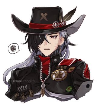 1boy artist_name badge black_eyes black_hair black_hat black_jacket boothill_(honkai:_star_rail) bullet_earrings commentary_request cowboy_hat cropped_jacket crossed_bangs crosshair_pupils cyborg earrings gold_earrings hair_over_one_eye hat hat_feather highres honkai:_star_rail honkai_(series) jacket jewelry long_hair looking_at_viewer male_focus mole mole_under_eye mosunobu3 multicolored_hair one_eye_covered open_mouth parted_bangs red_pupils sharp_teeth sheriff_badge short_sleeves simple_background single_earring solo speech_bubble spoken_squiggle squiggle streaked_hair sweat symbol-shaped_pupils teeth twitter_username upper_body upper_teeth_only white_background white_hair zipper zipper_pull_tab