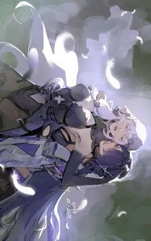2girls acheron_(honkai:_star_rail) armor armpits artist_name bare_shoulders black_swan_(honkai:_star_rail) blue_hair cirqlr commentary couple dancing dated elbow_gloves english_commentary feathers gloves hair_between_eyes hair_ornament hair_over_one_eye hand_on_another's_head hands_on_another's_waist head_tilt highres honkai:_star_rail honkai_(series) hug hug_from_behind japanese_clothes leaning_back leaning_forward leaning_on_person long_hair long_sleeves looking_at_another looking_to_the_side multicolored_hair multiple_girls open_mouth pink_lips purple_eyes purple_hair purple_veil shade shoulder_armor streaked_hair upper_body veil wavy_hair wide_sleeves yuri